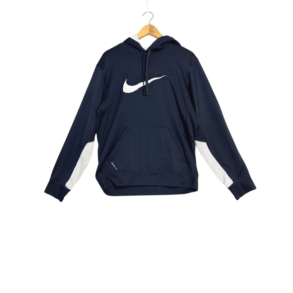 Nike Therma-FIT Hoodie Mens S Navy Embroidered Swoosh Athletic Pullover Active
